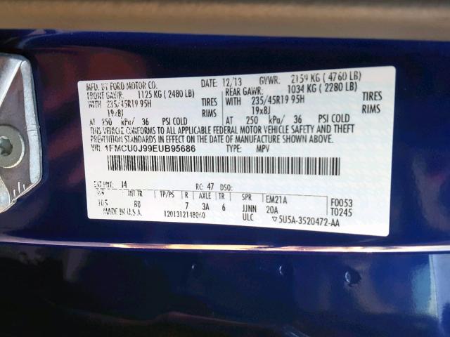 1FMCU0J99EUB95686 - 2014 FORD ESCAPE TIT BLUE photo 10