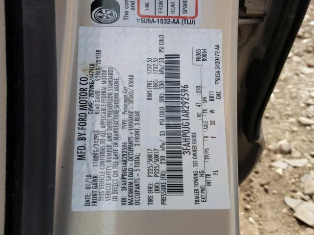 3FAHP0JG1AR292596 - 2010 FORD FUSION SEL BEIGE photo 10