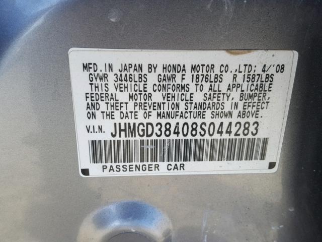 JHMGD38408S044283 - 2008 HONDA FIT GRAY photo 10