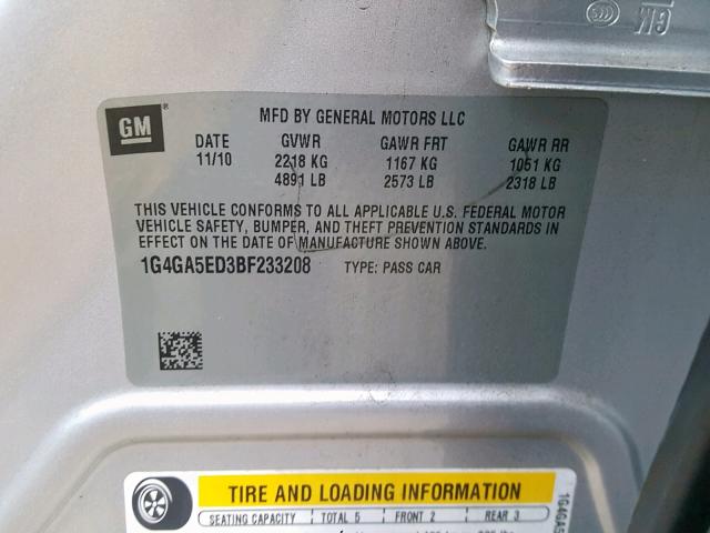 1G4GA5ED3BF233208 - 2011 BUICK LACROSSE C SILVER photo 10