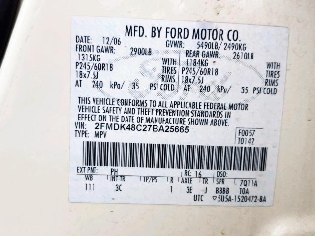 2FMDK48C27BA25665 - 2007 FORD EDGE SEL CREAM photo 10