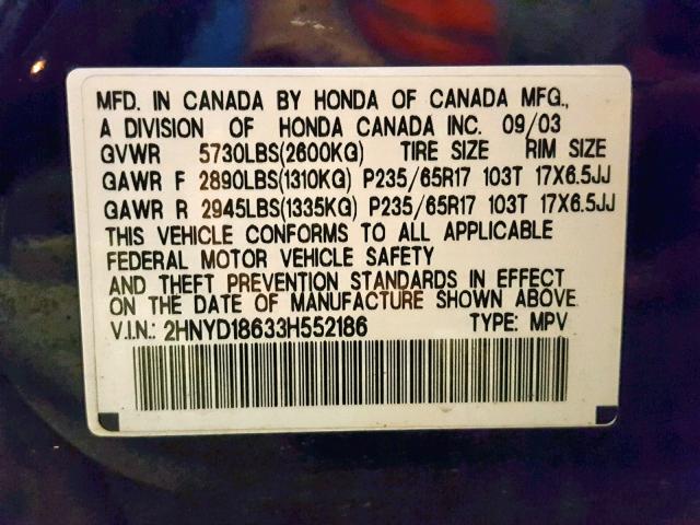 2HNYD18633H552186 - 2003 ACURA MDX TOURIN BLUE photo 10