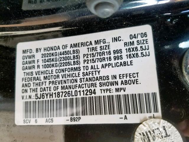 5J6YH18726L011294 - 2006 HONDA ELEMENT EX BLACK photo 10