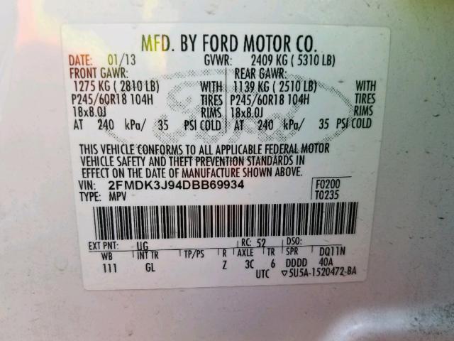 2FMDK3J94DBB69934 - 2013 FORD EDGE SEL WHITE photo 10