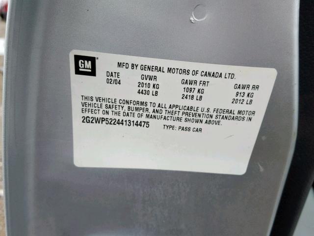 2G2WP522441314475 - 2004 PONTIAC GRAND PRIX SILVER photo 10