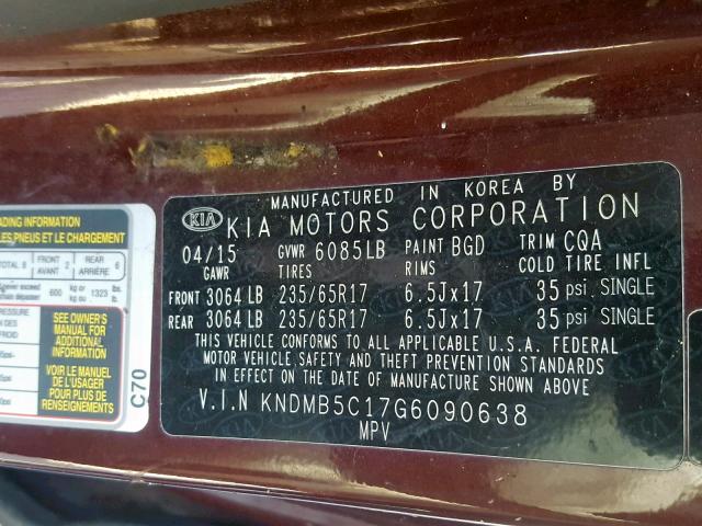 KNDMB5C17G6090638 - 2016 KIA SEDONA LX BURGUNDY photo 10