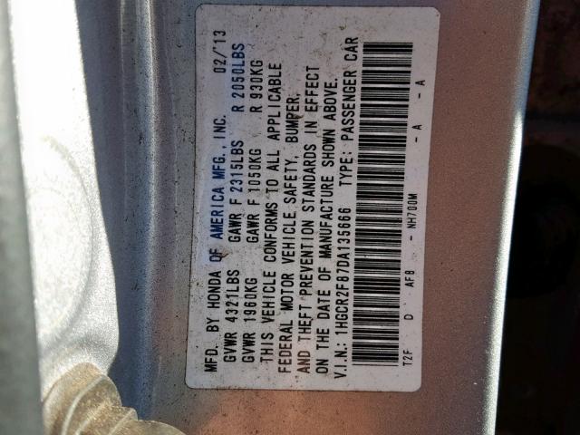 1HGCR2F87DA135666 - 2013 HONDA ACCORD EXL SILVER photo 10