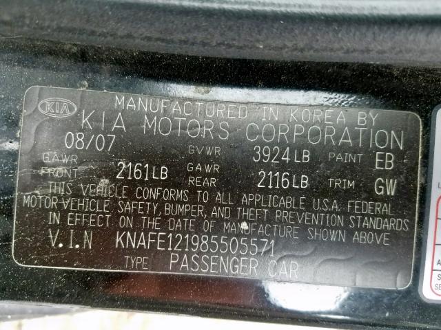 KNAFE121985505571 - 2008 KIA SPECTRA EX BLACK photo 10