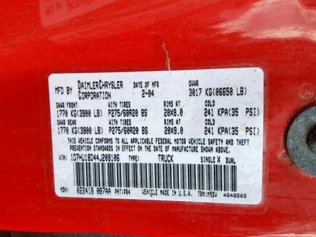 1D7HU18D44J209106 - 2004 DODGE RAM 1500 S RED photo 10