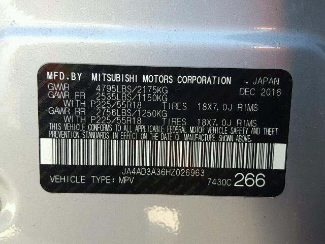 JA4AD3A36HZ026963 - 2017 MITSUBISHI OUTLANDER SILVER photo 10