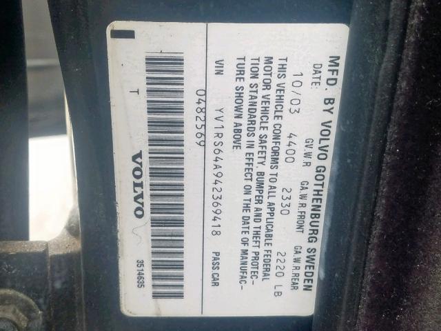 YV1RS64A942369418 - 2004 VOLVO S60 BLACK photo 10