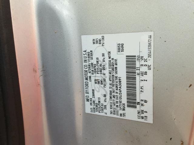 1FTYR10U24PA30891 - 2004 FORD RANGER SILVER photo 10