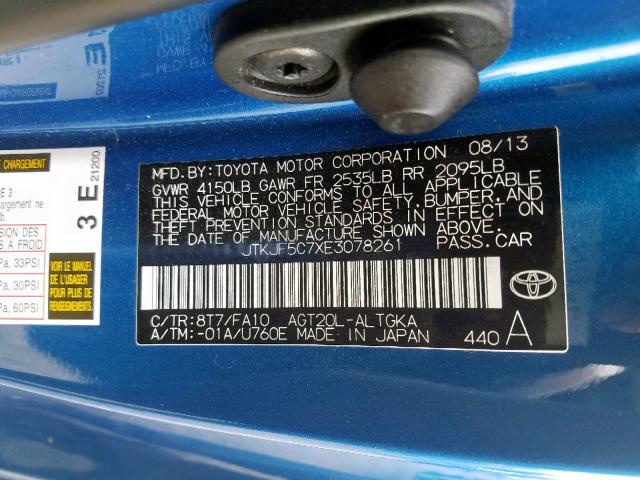 JTKJF5C7XE3078261 - 2014 TOYOTA SCION TC ლურჯი ფოტო 10