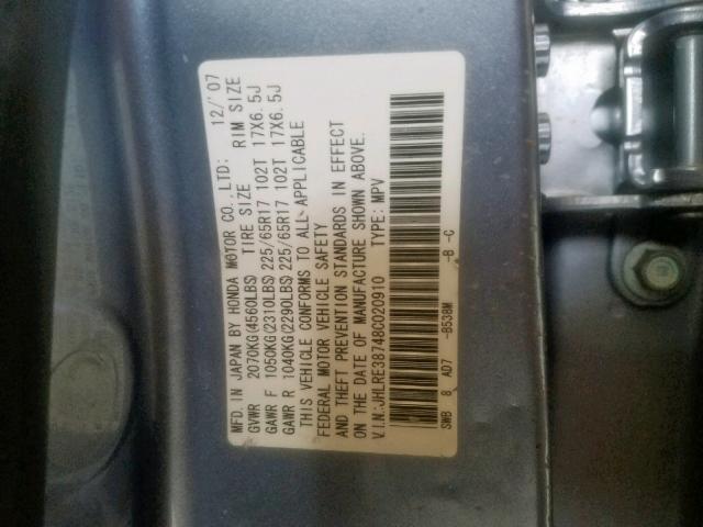 JHLRE38748C020910 - 2008 HONDA CR-V EXL BLUE photo 10