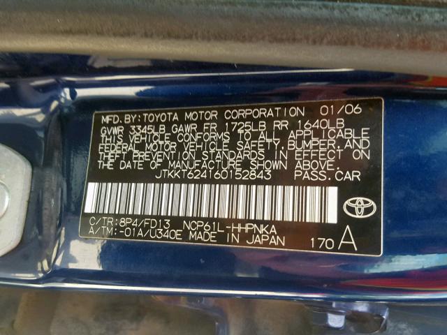 JTKKT624160152843 - 2006 TOYOTA SCION XA BLUE photo 10