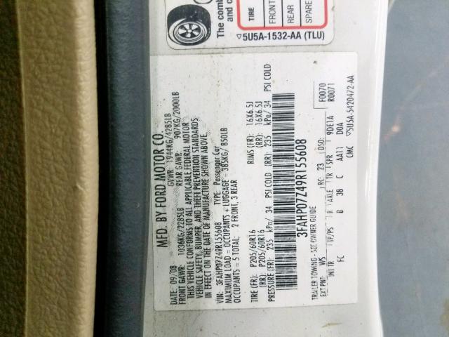 3FAHP07Z49R155608 - 2009 FORD FUSION SE WHITE photo 10