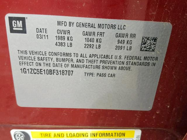 1G1ZC5E10BF318707 - 2011 CHEVROLET MALIBU 1LT MAROON photo 10