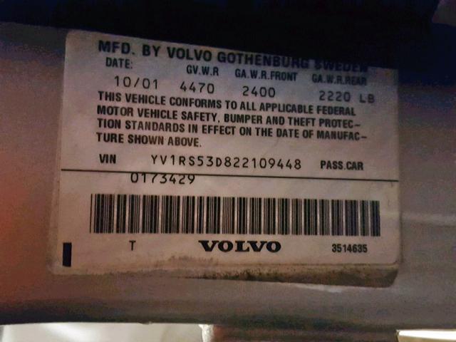 YV1RS53D822109448 - 2002 VOLVO S60 T5 SILVER photo 10