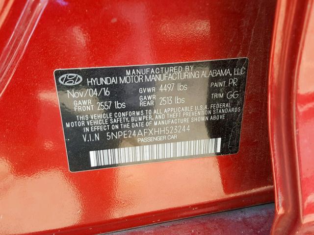 5NPE24AFXHH523244 - 2017 HYUNDAI SONATA SE RED photo 10