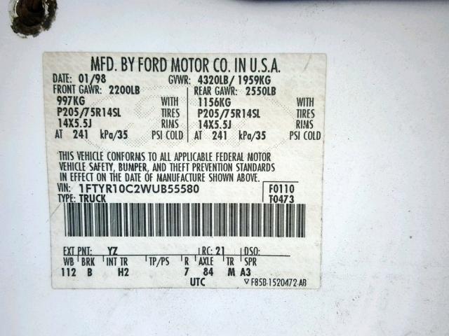 1FTYR10C2WUB55580 - 1998 FORD RANGER WHITE photo 10