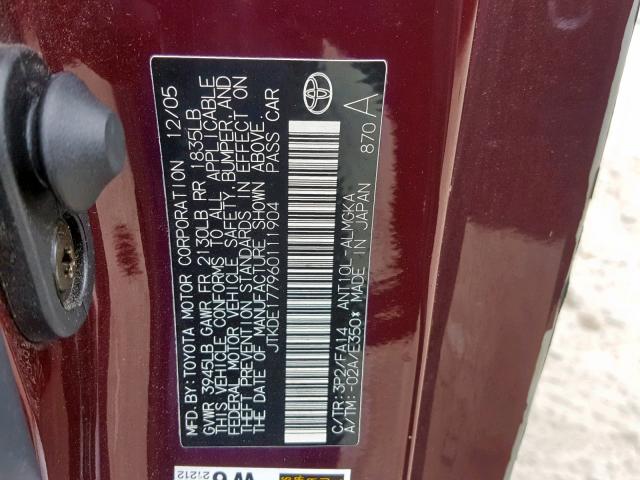 JTKDE177960111904 - 2006 TOYOTA SCION TC მუქწითელი ფოტო 10