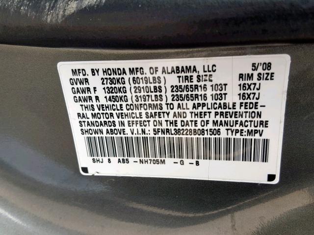 5FNRL38228B081506 - 2008 HONDA ODYSSEY LX GRAY photo 10