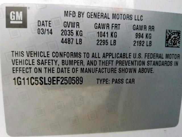 1G11C5SL9EF250589 - 2014 CHEVROLET MALIBU 1LT 白色 照片 10