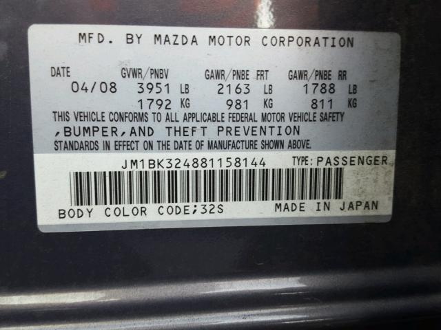 JM1BK324881158144 - 2008 MAZDA 3 S GRAY photo 10