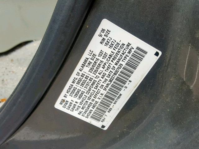 5FNRL38227B007629 - 2007 HONDA ODYSSEY LX SILVER photo 10