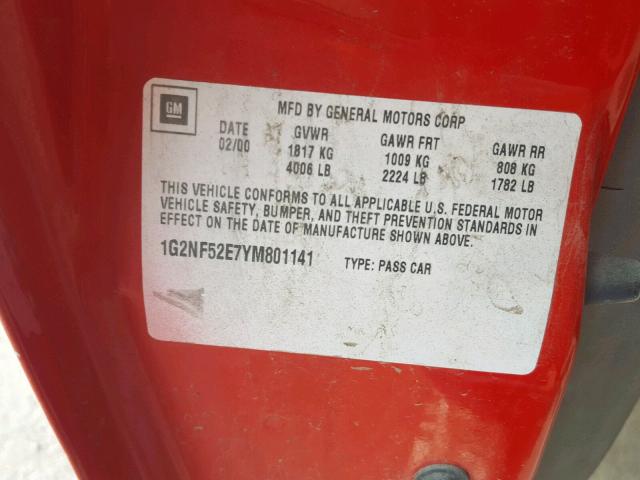 1G2NF52E7YM801141 - 2000 PONTIAC GRAND AM S RED photo 10