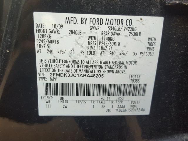 2FMDK3JC1ABA48205 - 2010 FORD EDGE SEL BLACK photo 10