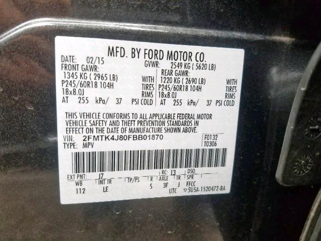 2FMTK4J80FBB01870 - 2015 FORD EDGE SEL GRAY photo 10