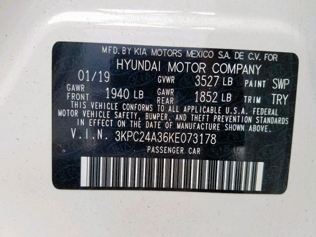 3KPC24A36KE073178 - 2019 HYUNDAI ACCENT SE WHITE photo 10