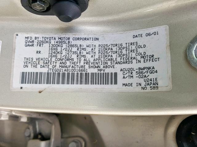 JTEGD21A810016661 - 2001 TOYOTA HIGHLANDER GOLD photo 10