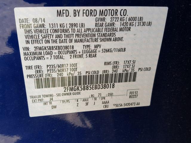 2FMGK5B85EBD38018 - 2014 FORD FLEX SE BLUE photo 10