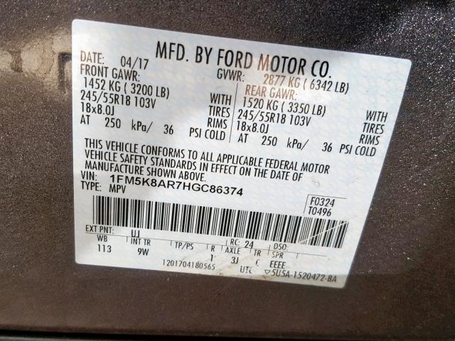 1FM5K8AR7HGC86374 - 2017 FORD EXPLORER P CHARCOAL photo 10