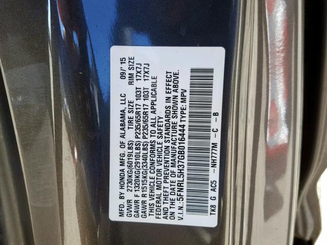 5FNRL5H37GB016444 - 2016 HONDA ODYSSEY SE GRAY photo 10