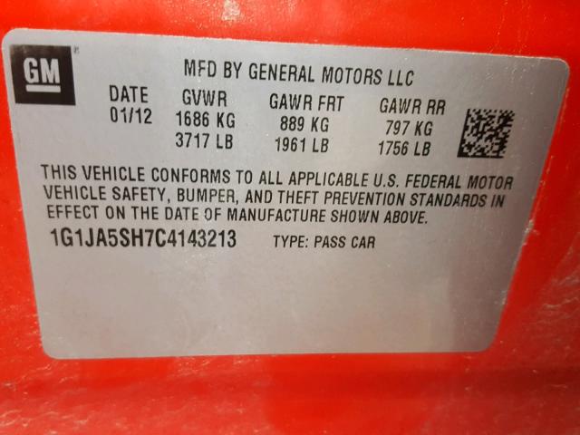 1G1JA5SH7C4143213 - 2012 CHEVROLET SONIC LS RED photo 10