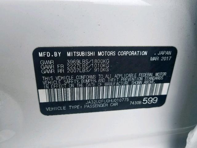 JA32U2FU0HU010775 - 2017 MITSUBISHI LANCER ES WHITE photo 10