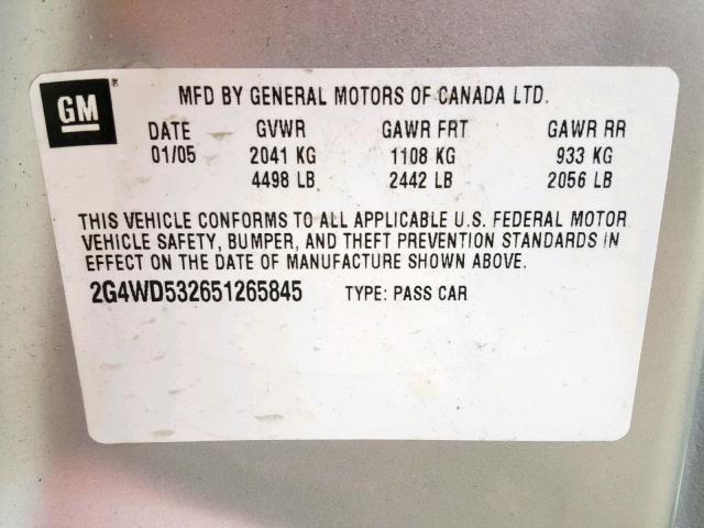 2G4WD532651265845 - 2005 BUICK LACROSSE C SILVER photo 10