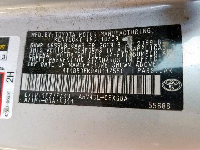 4T1BB3EK9AU117550 - 2010 TOYOTA CAMRY HYBR GRAY photo 10