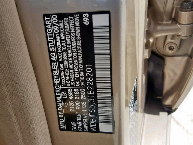 WDBJF65J31B228201 - 2001 MERCEDES-BENZ E 320 GOLD photo 10