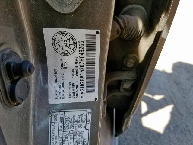 2HGFA15207H043266 - 2007 HONDA CIVIC DX GRAY photo 10