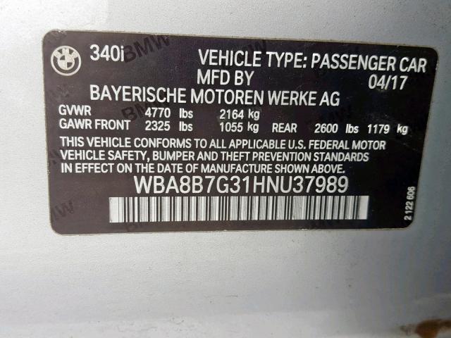 WBA8B7G31HNU37989 - 2017 BMW 340 XI SILVER photo 10