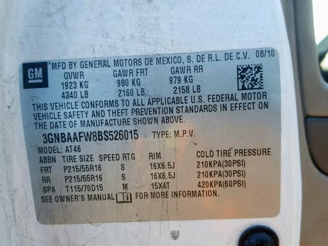 3GNBAAFW8BS526015 - 2011 CHEVROLET HHR LS 白色 照片 10