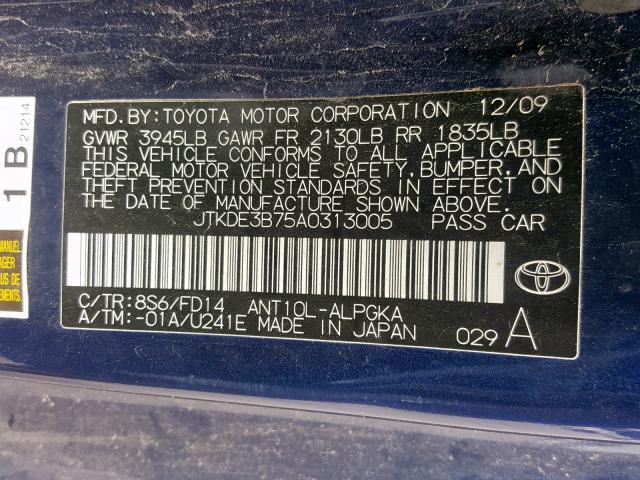JTKDE3B75A0313005 - 2010 TOYOTA SCION TC ლურჯი ფოტო 10