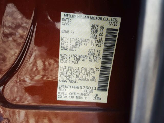 1N6BA1F41HN526011 - 2017 NISSAN TITAN XD S BROWN photo 10