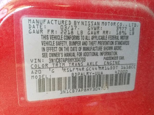 3N1CB7AP8HY304709 - 2017 NISSAN SENTRA SR RED photo 10