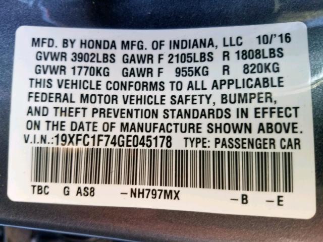 19XFC1F74GE045178 - 2016 HONDA CIVIC EXL 灰色 照片 10