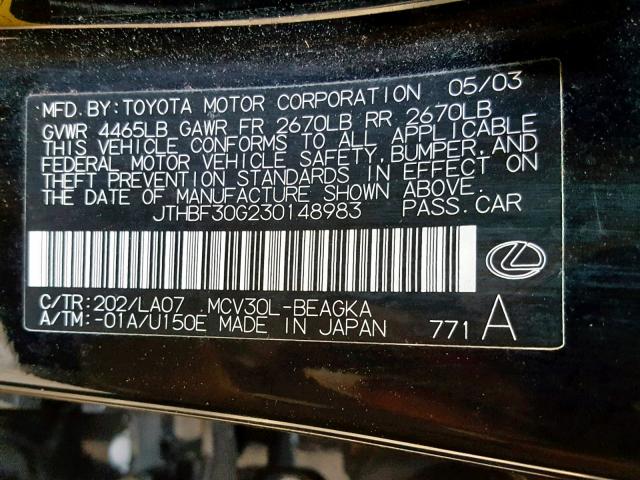 JTHBF30G230148983 - 2003 LEXUS ES 300 BLACK photo 10